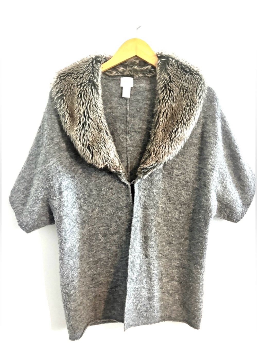 Chico's Cardigan Lillian Cathedral Gray Faux Fur Collar Wool Blend Sz 2(12/L)